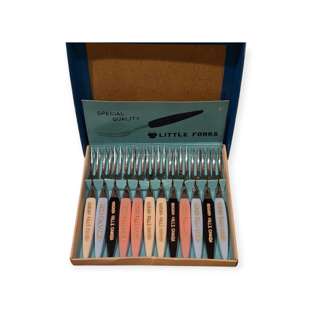 Vintage Mid Century Modern set of 12 LITTLE FORKS Souvenir of Canada NOS
